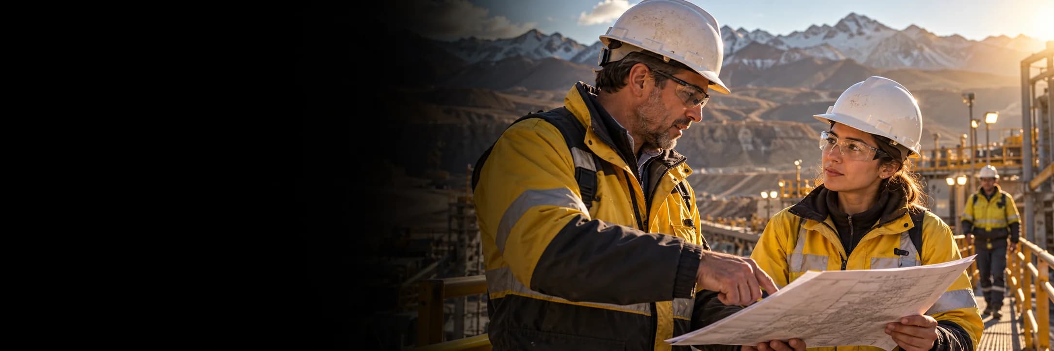Profesionales de la minería revisando un plano en la cordillera argentina