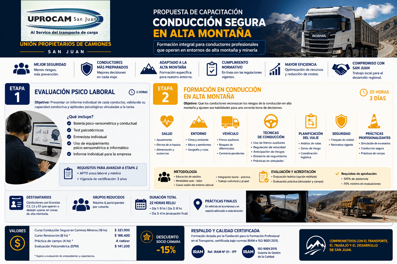 Capacitación del Personal con certificaciones en Manejo Defensivo en Alta Montaña y Primeros Auxilios en zonas remotas.• Seguridad vial: